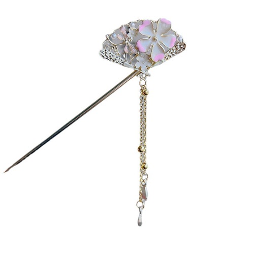 Antique-style fan cherry blossoms butterflies tassel hairpin retro temperament coiled hairpin hair accessory Hanfu hair pendant hairpin head accessory hair decoration