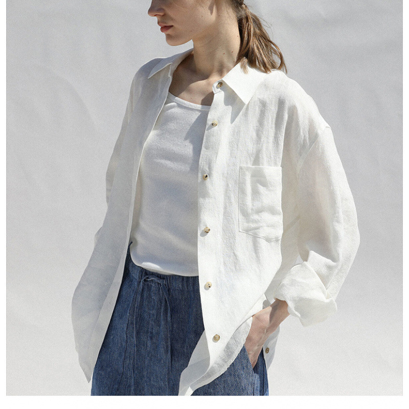Light Blue Linen Shirt for Women, Loose Sun-Protective Linen Top, Cardigan, 2026 Spring/Summer Long-Sleeve Shirt, Vacation Style