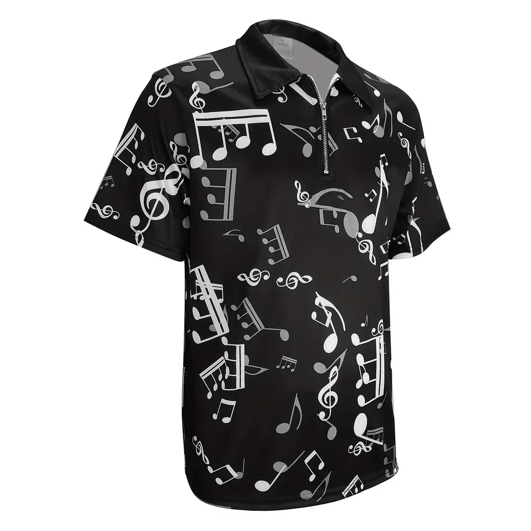 2024 venta caliente arte clásico nota impresión 3D hombre casual todo fósforo ancho de hombro ancho ancho ancho cremallera suelta camisa POLO