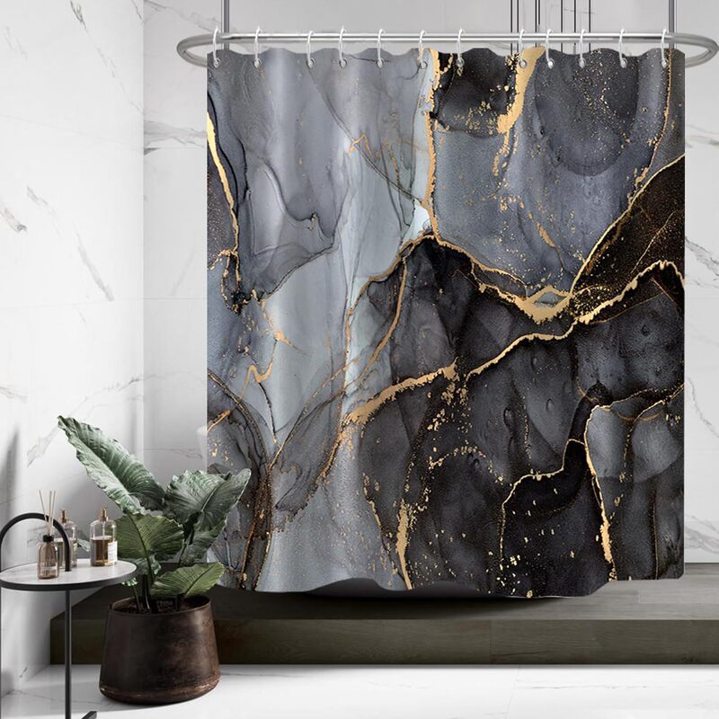 Cross-Border Dropshipping Black, Gray, and Gold Marble Pattern Bathroom Fabric Shower Curtain with 12 Hooks