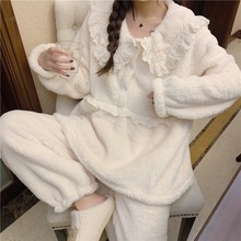 韩版ins女士秋冬新品韩版甜美蕾丝公主毛绒绒保暖家居服睡衣套装