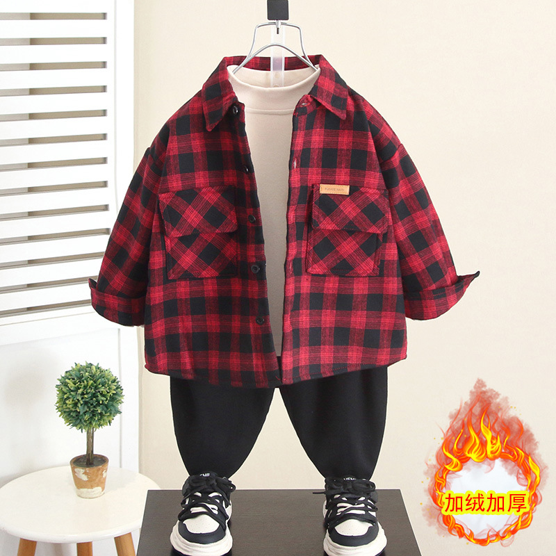 6408 otoño e invierno para niños más camisa de terciopelo engrosamiento de terciopelo 2025 nueva ropa de invierno para niños camisa a cuadros para bebés