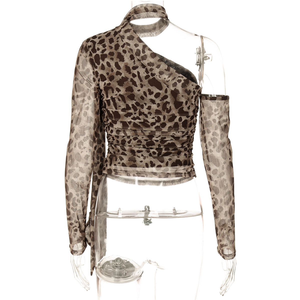 Women lothing Leopard Print One Shoulder Cold Shoulder Long Sleeve Ribbon Slim Pleated T shirt Top