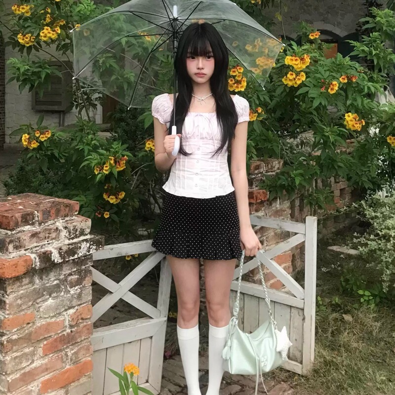 Hollow-Out Square-Neck One-Shoulder Korean-Style Pure-Desire Vibe Outfit Pink Puff-Sleeve Bow Lace Shirt for Women