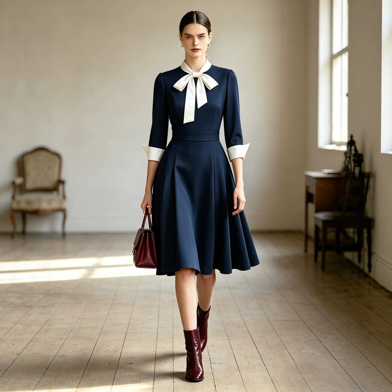 1950S shirt collar bow tie contrasting color three-quarter sleeve retro flared dress white collar commuter date dress 1950S shirt collar bow tie contrasting color three-quarter sleeve retro flared dress white collar commuter date dress
