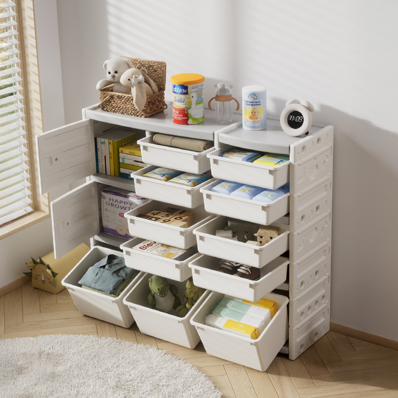 Juego de muebles infantiles de plástico con un armario de almacenamiento tipo cajonera de gran capacidad y varias capas para juguetes, para colocar contra la pared en la sala de estar.