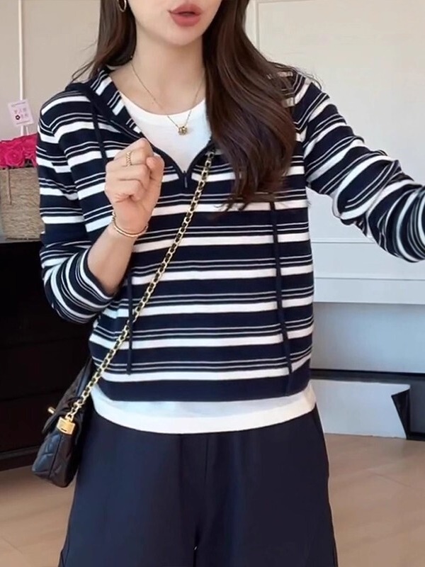 假两件条纹连帽针织衫女秋季新款大码胖MM显瘦半拉链长袖打底上衣|undefined