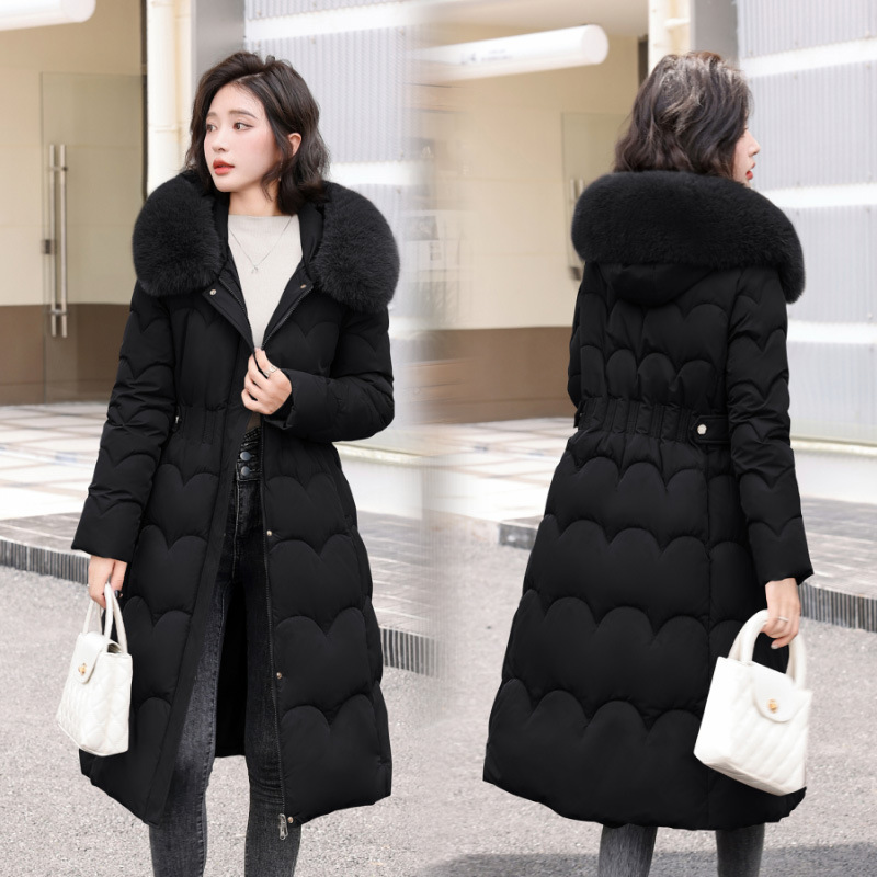 大きい毛の襟の新型の綿入れの上着の2024冬のコートの中の長いタイプは帽子の綿服の腰の紐がやせて見えることができて、厚い綿服の女性を厚くします。|undefined