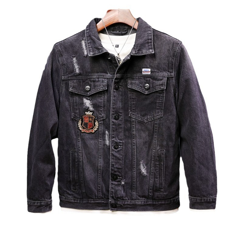 Black Beaded Denim Jacket For Men Locomotive Embroidered Style_voghion.com