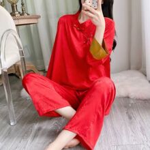 新中式红色立领提花盘扣缎面冰丝睡衣女长袖复古国风家居服可外穿
