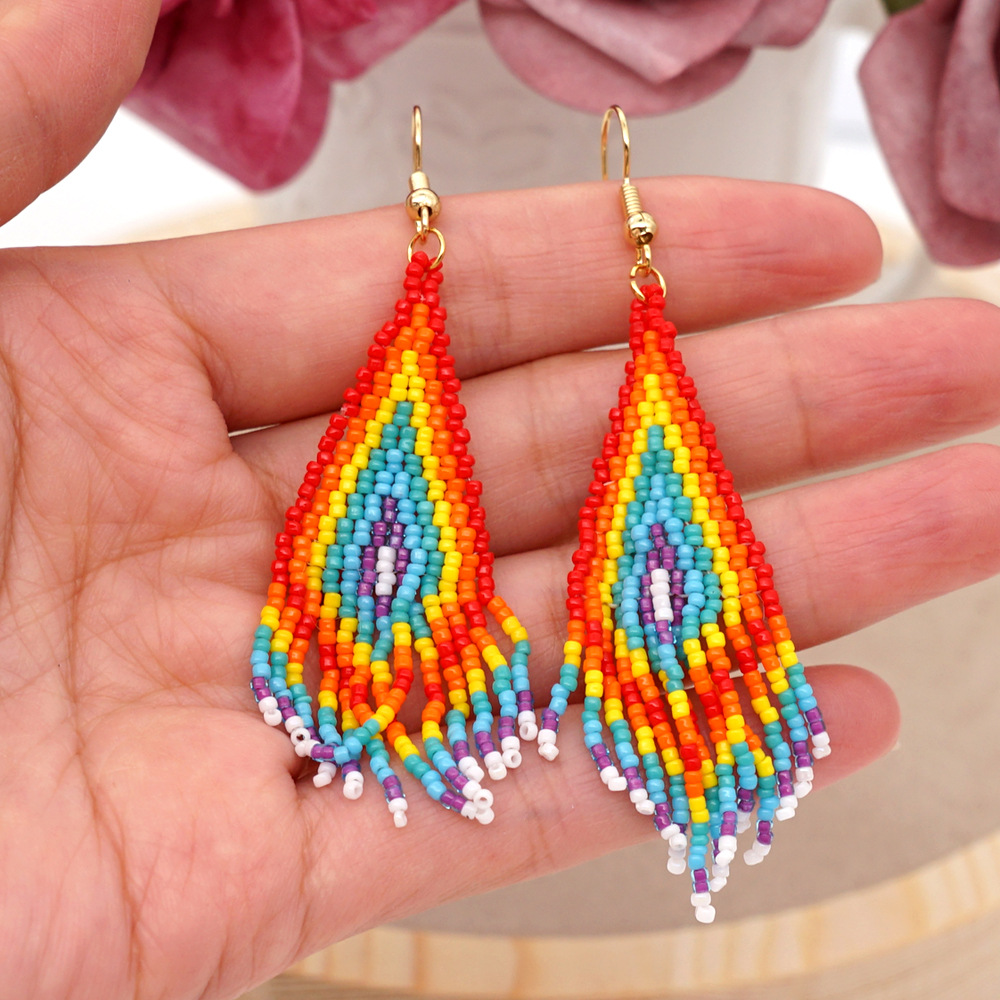 Bohemian Ethnic Style Rainbow Beaded Long Tassel Earrings display picture 2