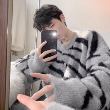 oversize！慵懒撞色水貂绒套头毛衣女秋季新款韩版宽松加厚针织衫