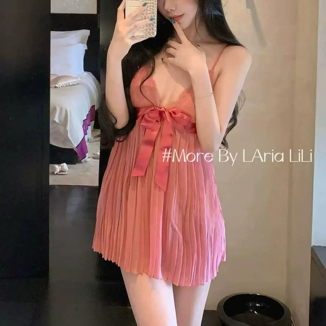 法式性感睡裙新款纯欲深V甜美蝴蝶结复古百褶吊带裙居家服睡衣