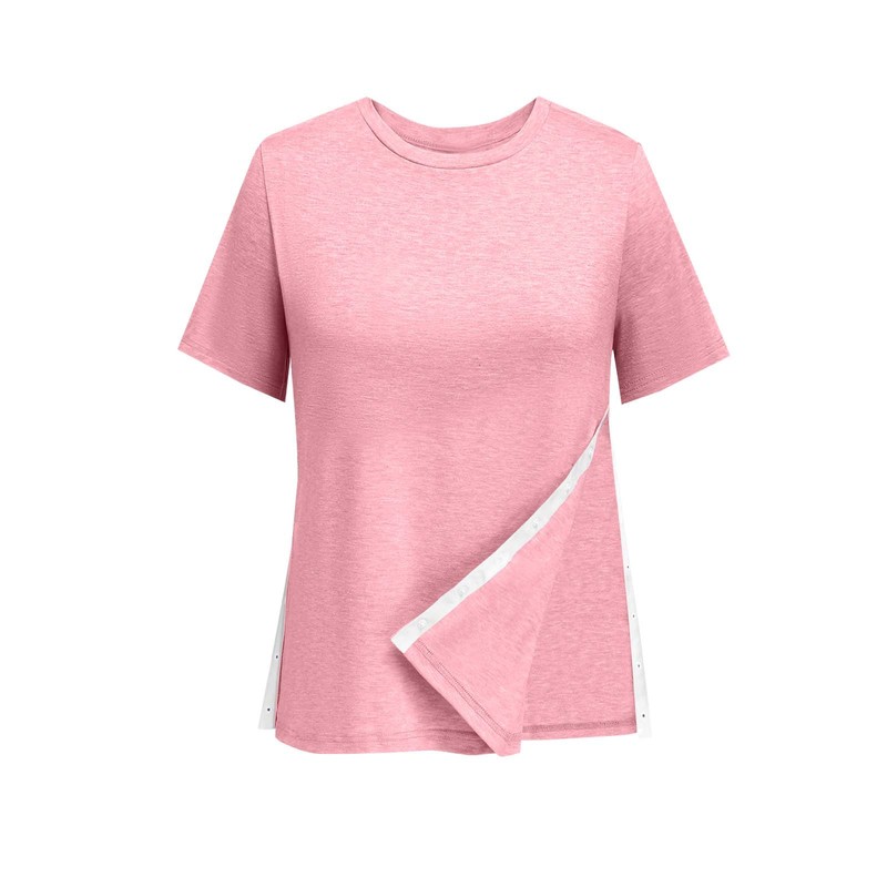 欧米のアマゾンの女性の半袖のtシャツの側の縫い目の調節のボタンの丸首のカジュアルでゆったりしている上着|undefined