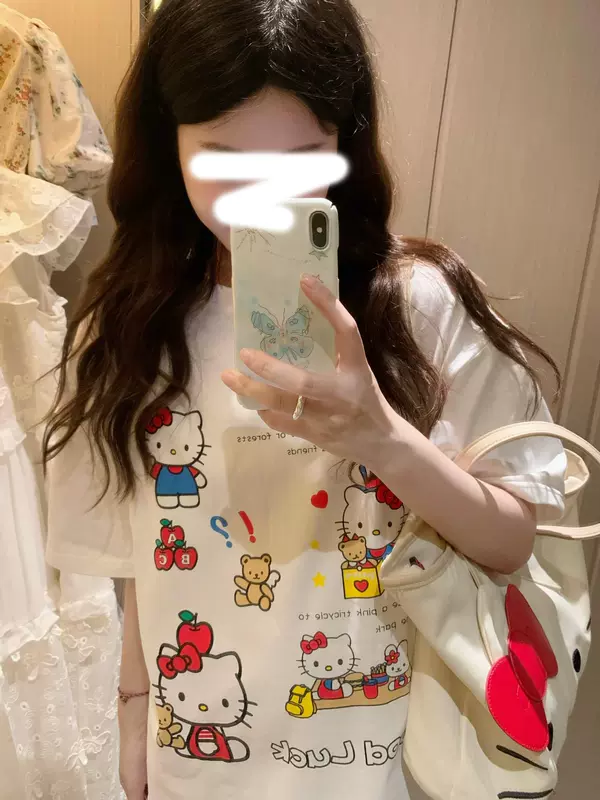 เสื้อยืดแขนสั้นลายคิตตี้ ลายการ์ตูน ทรงหลวม