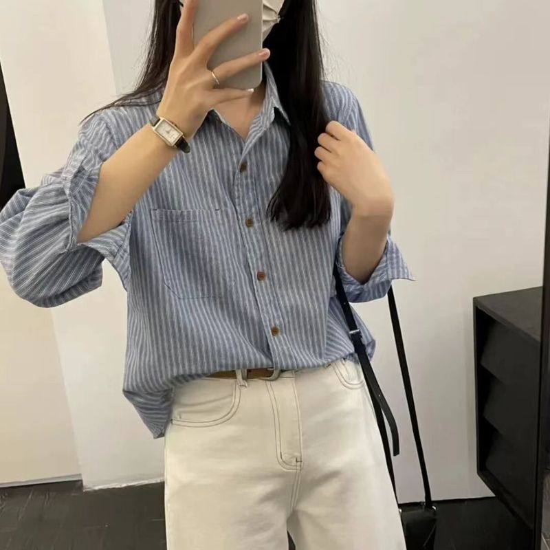 小个子条纹衬衫百搭2025新款显瘦休闲衬衣宽松春秋季复古长袖上衣|undefined