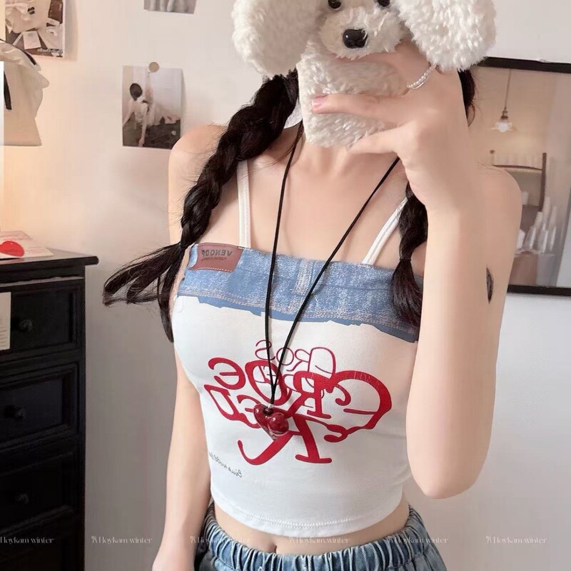 6138#甜辣妹人棉牛仔拼接字母印花吊带背心修身外穿无袖短款上衣|undefined