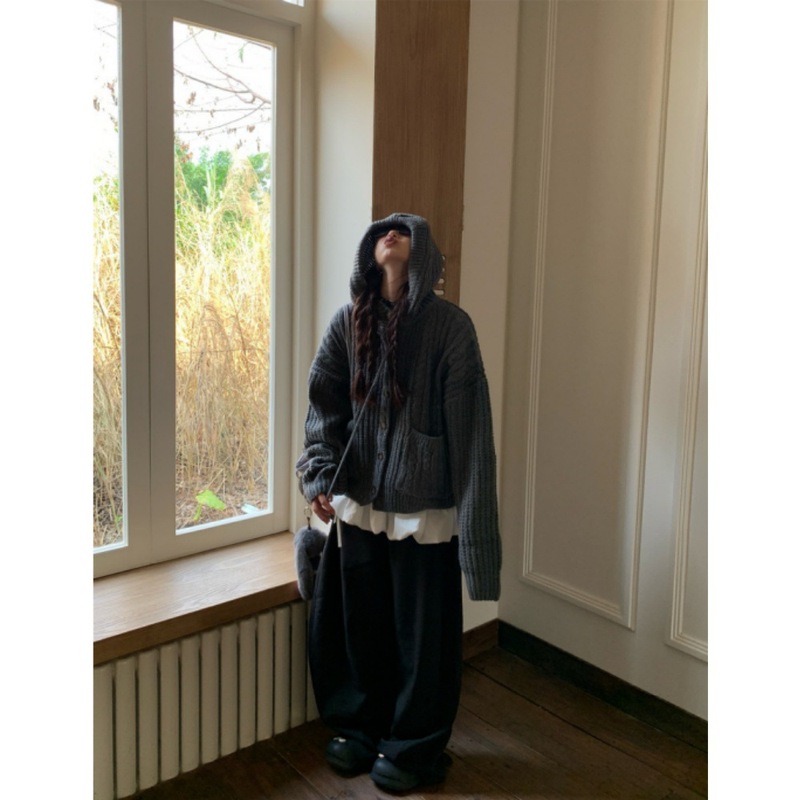 美式小众秋冬设计感针织连帽毛衣慵懒风保暖麻花百搭休闲宽松外套|undefined