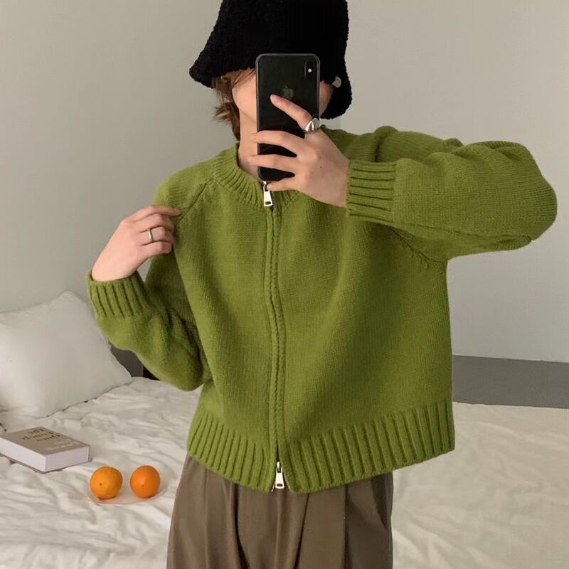 Double Zipper Short Orange Sweater Jacket for Women 2025 Autumn and Winter New Thickeneded Knitted Jacket Slim Short Top