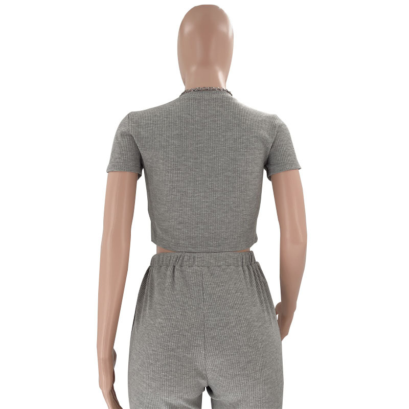 Spring Summer Solid Color Waffle round Neck Short Sleeve Women Clothing Casual Trousers Sets