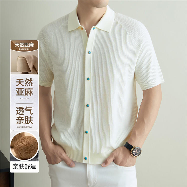 Versatile Old Money Style Knit Short-Sleeve Men's Summer Thin Straight Collar Casual Tencel Linen Men's Shirt
