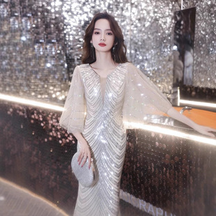 Champagne Sequins Evening Dress 2025 New Fishtail Dress Host Banquet Long Dress Niche Elegant