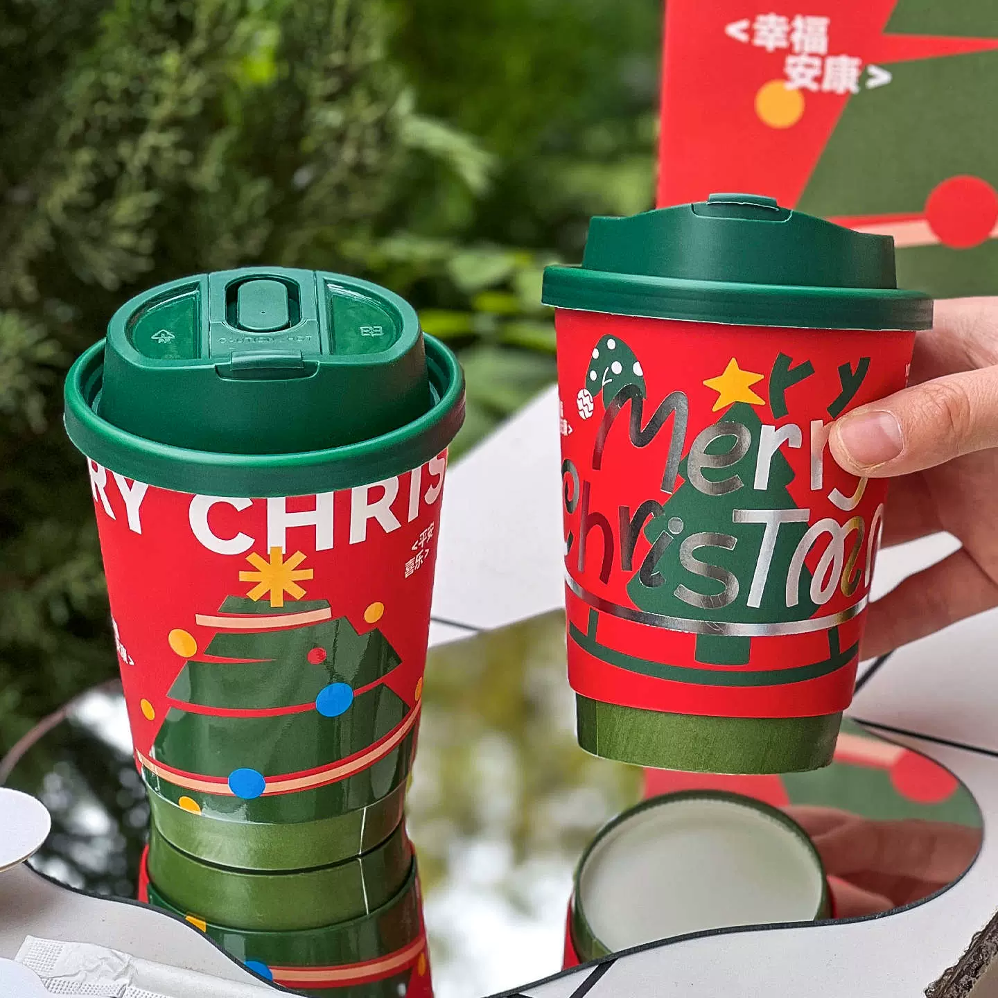 圣诞节咖啡杯子一次性带盖商用触感烫银外带热饮奶茶纸杯定制logo