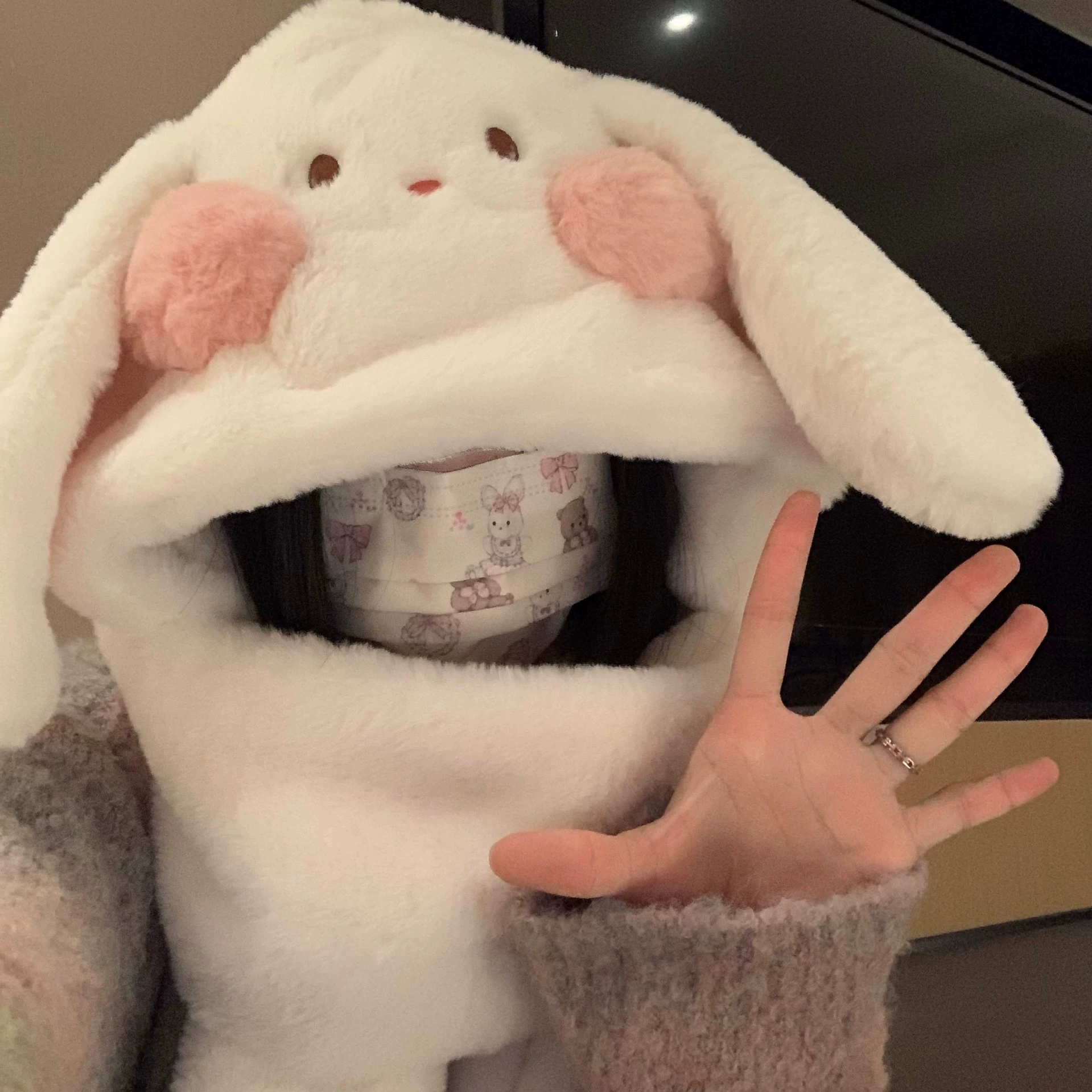 Keep warm hat, cute rabbit, plush scarf, gloves, set, increased thickness, 3 piece set