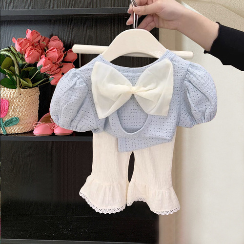 Little Girl Short Sleeve Set 2024 New Children's Summer Solid Color Stylish Bowknot Backless Top and Trumpet Pants Set