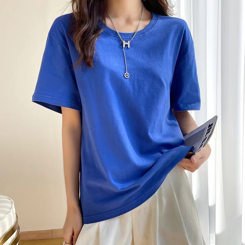 ヨーロッパ純綿 Tシャツレディース夏新疆長繊維綿半袖レディース Tシャツルーズカップルシャツ右肩ルーズラウンドネックホワイト Tシャツ|undefined