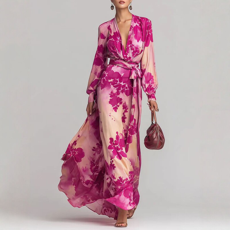 European and American Style Printed Chiffon Long-Sleeved V-Neck Tie Dress, Elegant and Stylish, New Spring Long Dress 20262