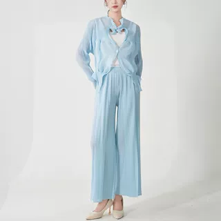 高级感设计师款套装女装两件套秋季褶皱开衫上衣阔腿裤穿搭一整套