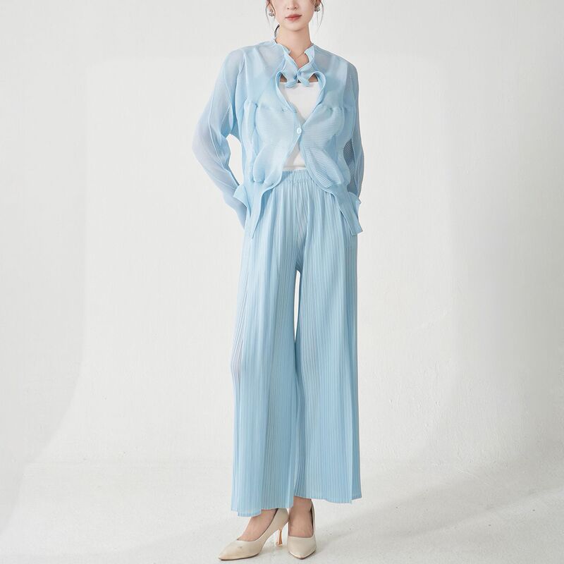 High-End Designer Suit Women's Two-Piece Autumn Pleated Cardigan Top Wide-Leg Pants Complete Set