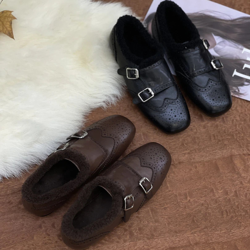 Sheepskin Version ~ Retro Genuine Leather Square Toe Fleece-Lined Loafers for Women British Style Brogue Carved Fur Flats Shoes