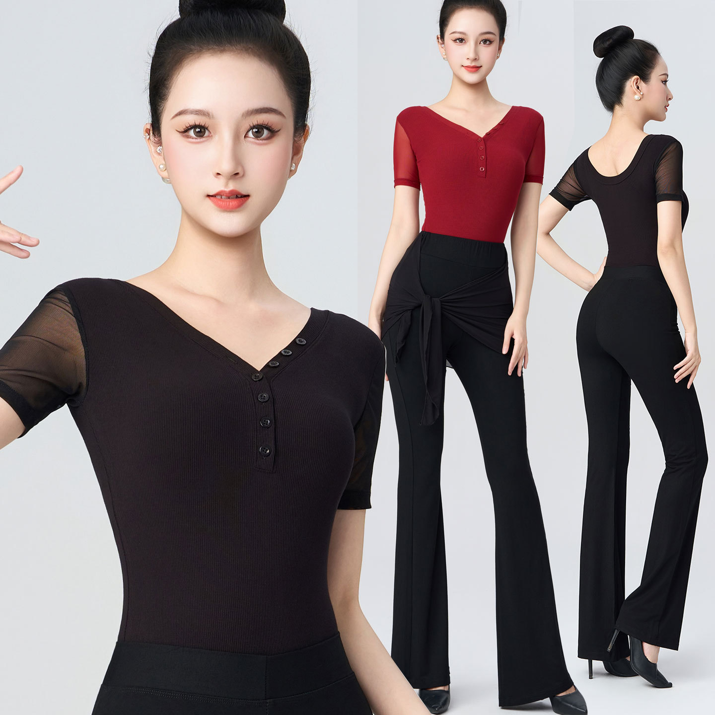 Latin Dance Short-Sleeved Top, New Summer Model, National Standard Dance Practice Clothing for Women, V-Neck Buttoned Slim-Fit Slimming Long Pants