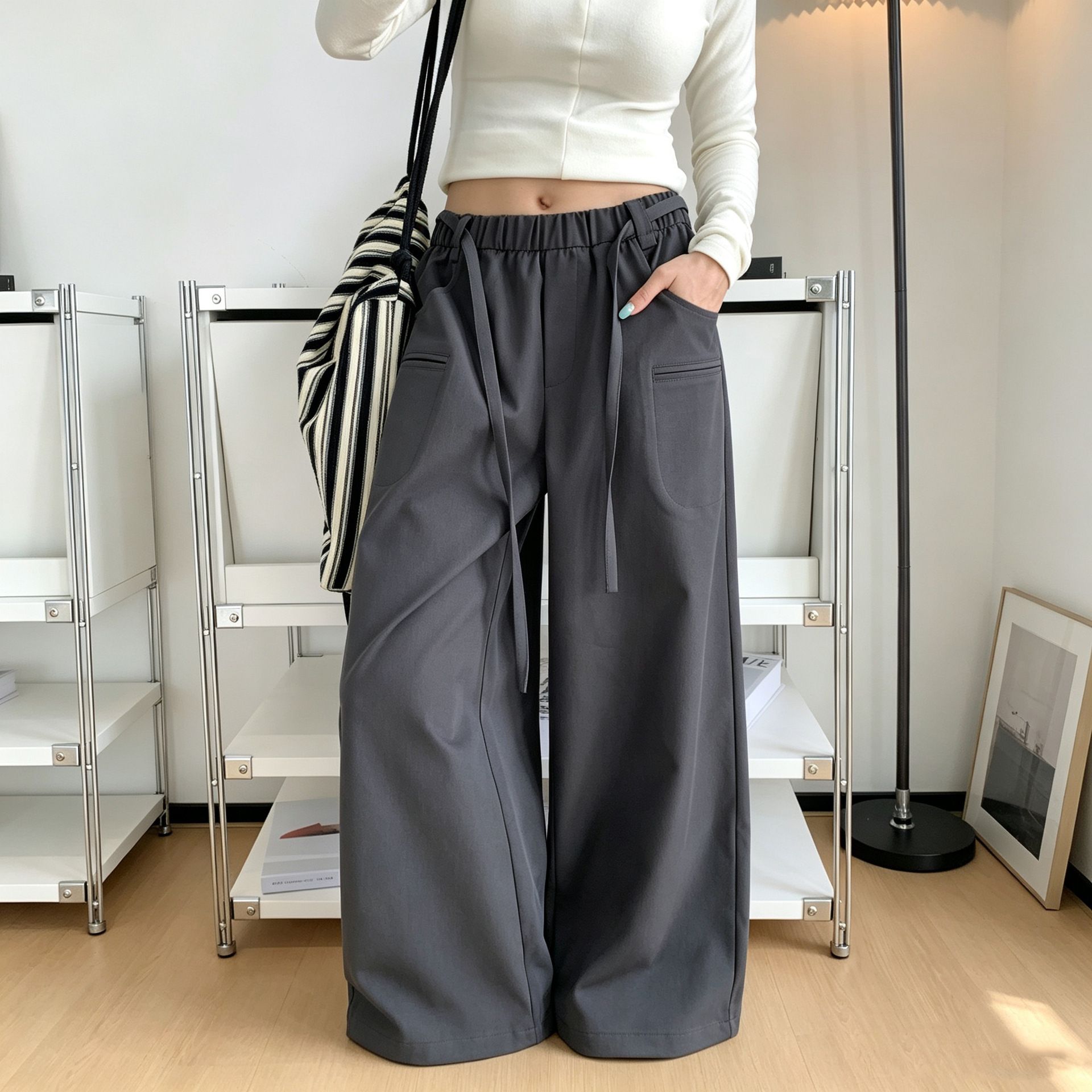 美式复古灰色工装休闲裤女秋新款胖妹妹mm高腰宽松显瘦垂感阔腿裤
