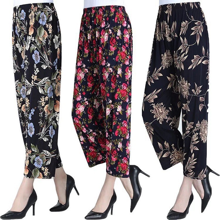 Mom's Pants for Middle-Aged and Elderly Summer Ice Silk Nine-Point Thin Casual Plus Fat High-Waisted Loose Anti-Mosquito Manufacturer's Free Shipping