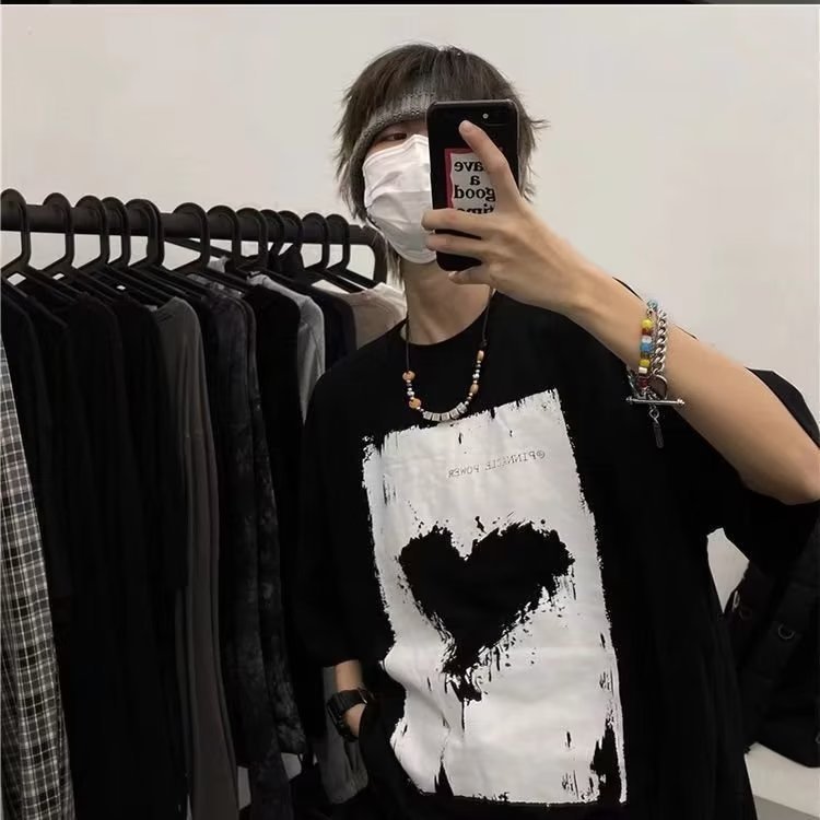 Camiseta de manga corta para hombre suelta marca de moda High Street Harajuku estilo media manga de moda estilo de Hong Kong todo partido ropa de verano para parejas