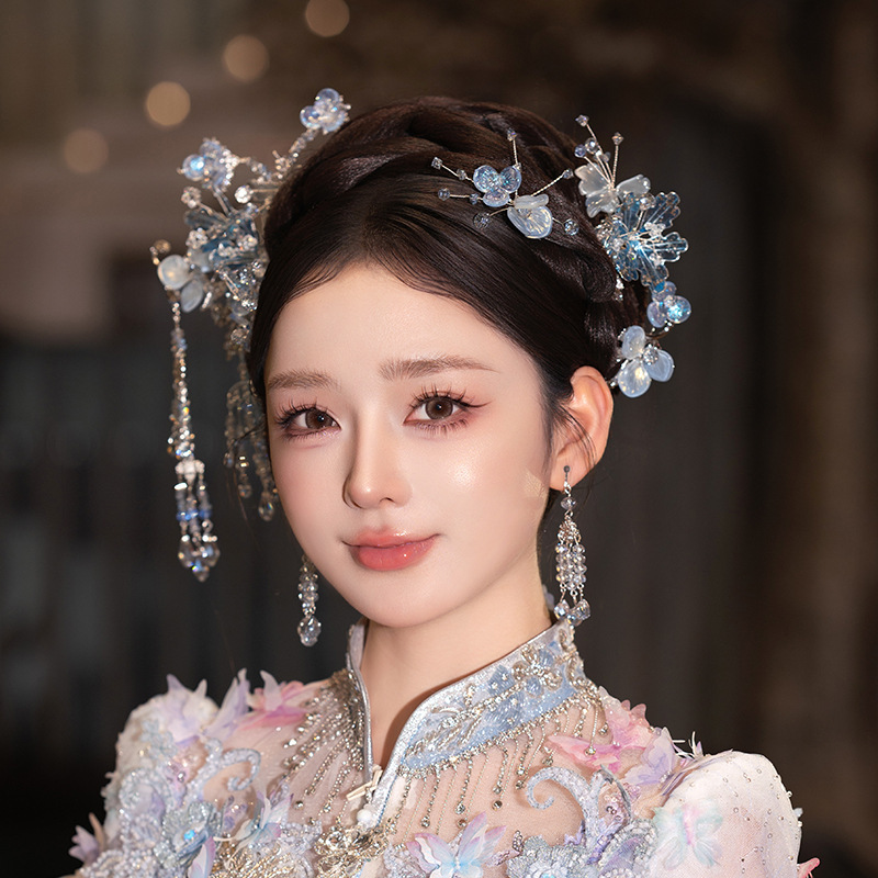 Xiuhe 頭飾り新しい中国風の古代衣装青いガラスの花のヘアピン Xiuhe スーツウェディングドレスチャイナドレスアクセサリー|undefined
