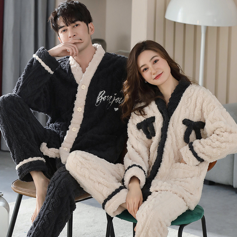 Couple Pajamas Autumn and Winter Coral Velvet One Man and One Woman Korean Style Cute Winter Thickeneded Flannel Home Clothes Set
