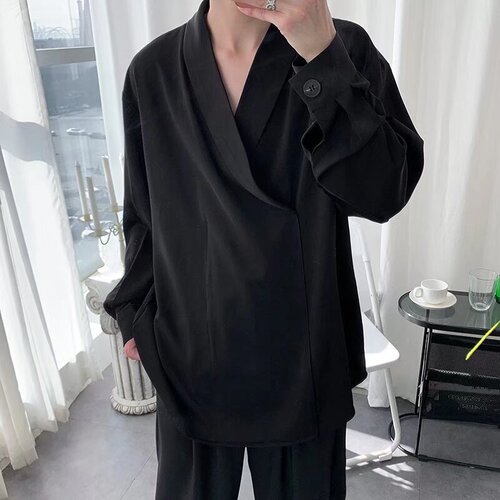 Unique Design Sensibility Men's Personal Style Trend Brand Drape Style Elegant Casual Hong Kong Style Youth BF Loose Long Sleeve Shirt