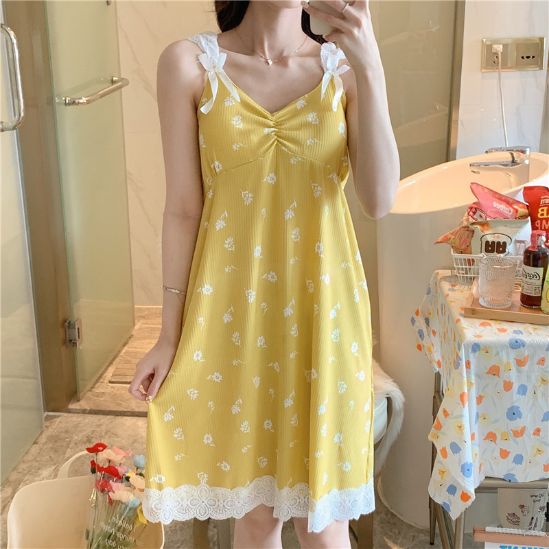 2023 pijamas de las mujeres del verano Correa camisón chica lindo encaje dulce princesa viento cinturón pecho pad desgaste en el hogar