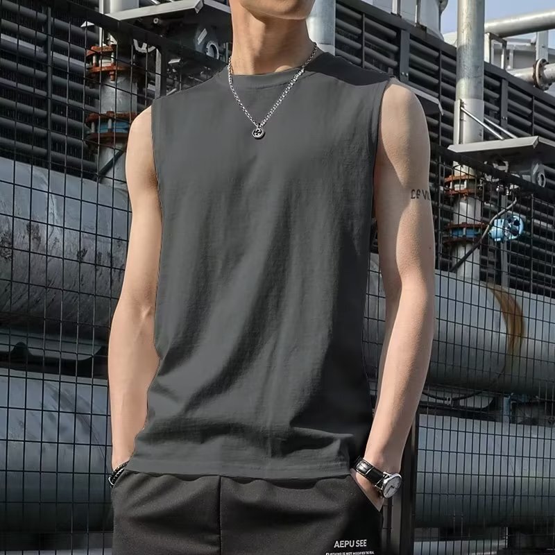 男性ベスト夏百組の袖なしtシャツランニングフィットネススポーツ男性服の肩の広いベストの中にシャツを着ます。|undefined