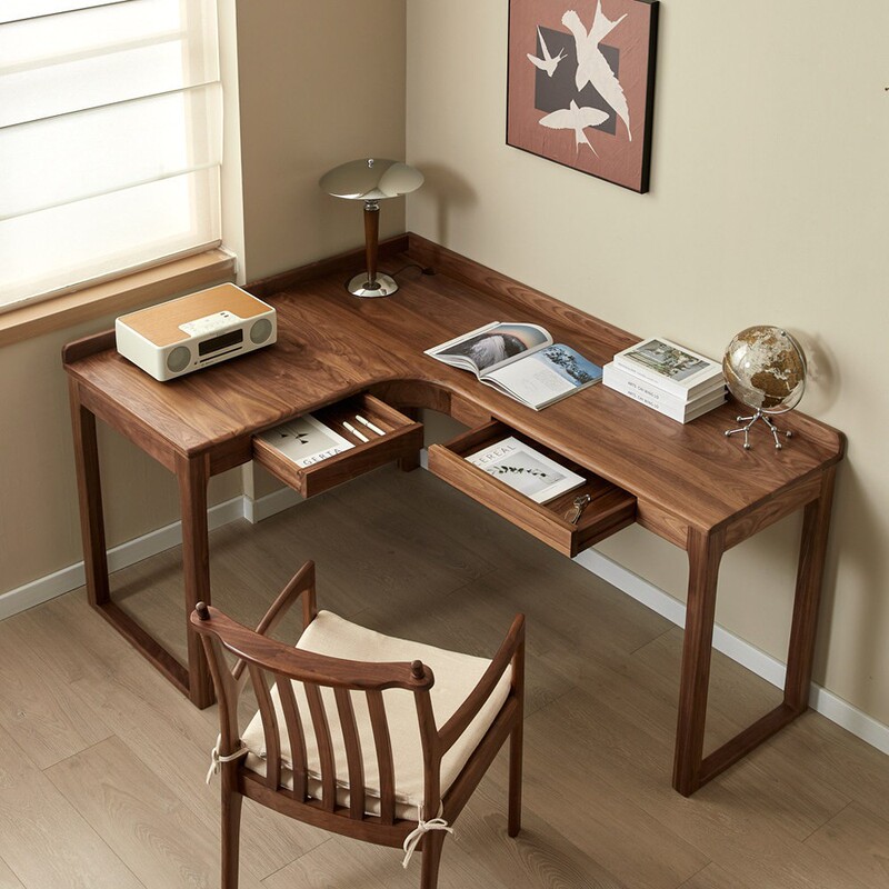 Nordic solid wood black walnut corner desk, pure solid wood cherry wood computer desk, L-shaped corner desk with drawers Nordic solid wood black walnut corner desk, pure solid wood cherry wood computer desk, L-shaped corner desk with drawers