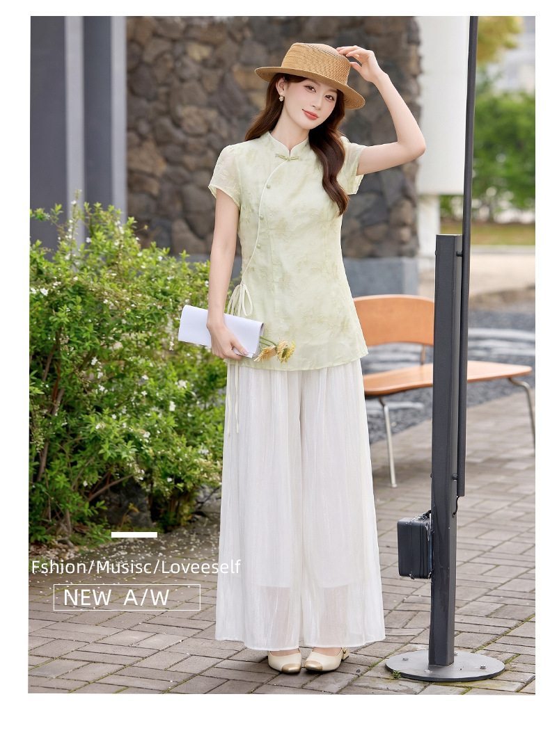 Bộ áo sơ mi cổ đức in họa tiết kết hợp quần dài hai mảnh nữ thời trang — Xanh lá cây nhạtcolor, Vàng nhạt chi tiết 20