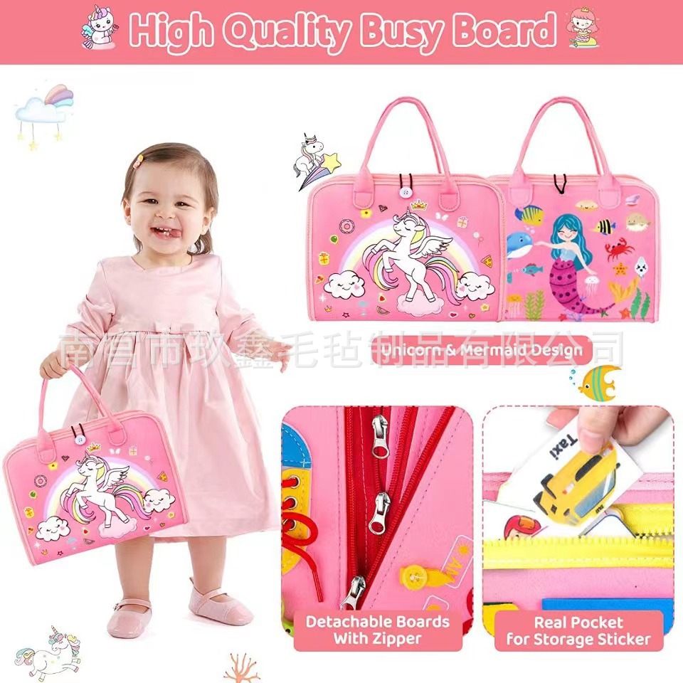 Venta al por mayor kindergarten Rosa ocupado tablero de juguete con manos hebilla de vestir varios estilos de fieltro tablero de aprendizaje de la iluminación