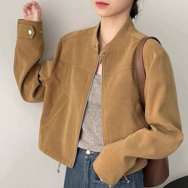 慵懒风新品复古立领短款外套新款春秋休闲小个子夹克机车上衣|undefined