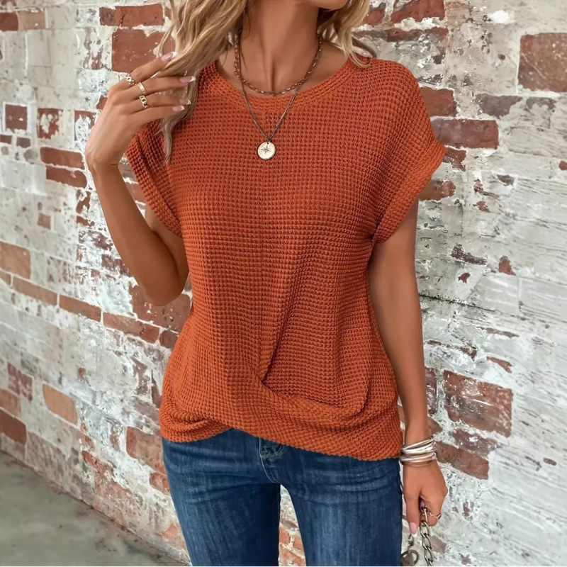 2025 New Solid Color Round Neck T-Shirt Elegant Short Twisted Hem Top Spring and Summer Women's Clothing Amazon Cross-Border 2025 New Solid Color Round Neck T-Shirt Elegant Short Twisted Hem Top Spring and Summer Women's Clothing Amazon Cross-Border