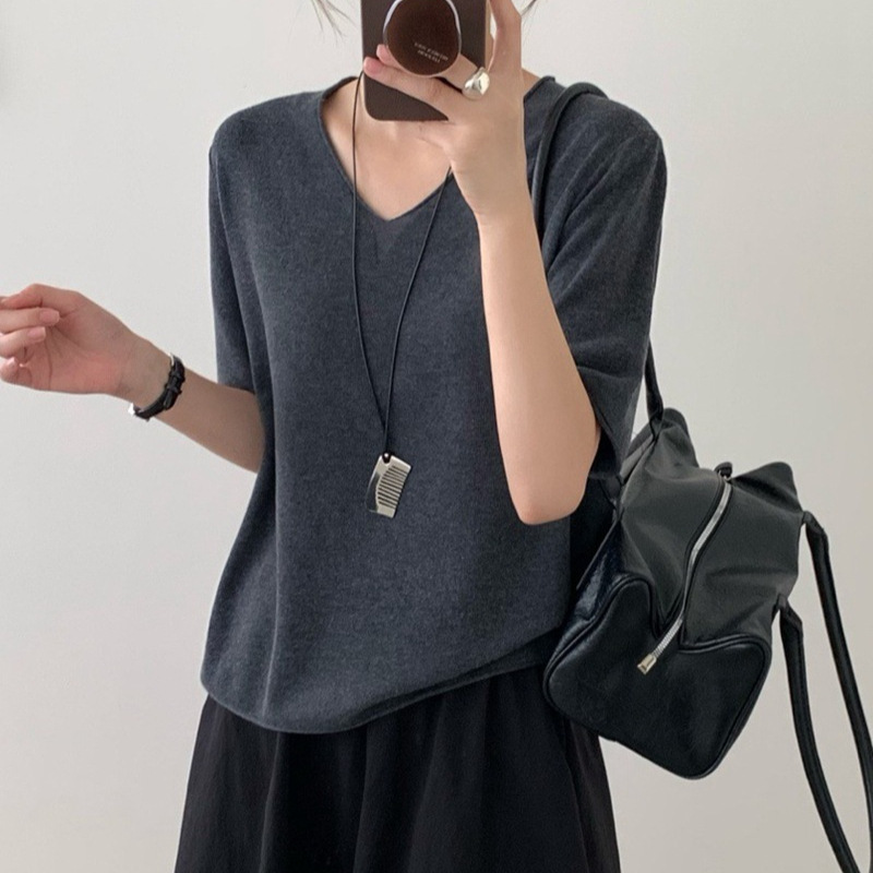 2025 Korean Style Large Size Mulberry Silk Wool Knitwear Mid-Sleeve T-Shirt Loose V-Neck Top Knitwear Bottoming Shirt for Women Autumn