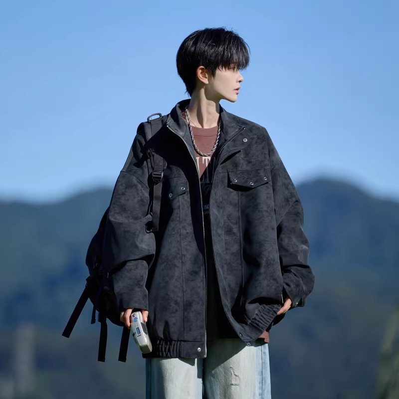 秋冬季痞帅pu皮扎染机车夹克新品男潮牌大码宽松高级感工装外套衣